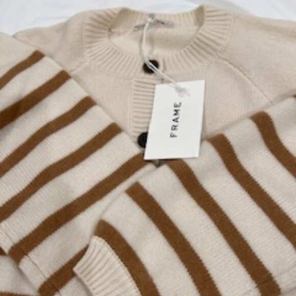 NWT Frame Pretty Breton Cream/Taupe Stripe Cardigan 100% Soft Cashmere Size M - Picture 10 of 10